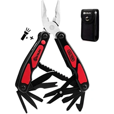 Imagen de Bibury Multitool 14 en 1 Alicates multiherramientas con abrelatas, tijeras, luz, tamaño bolsillo EDC Multi herramienta bolsa de nailon para pesca, actividades al aire libre, camping, color negro