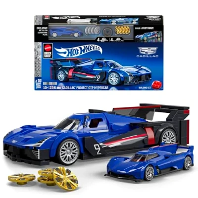 Imagen de Mattel Brick Shop Hot Wheels Cadillac Project GTP Hypercar , 236 piezas, detalles realistas y pegatinas para personalizarlo, adultos coleccionistas niños niñas a partir de 10 años, JFR89