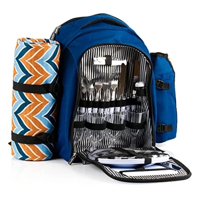 Imagen de CampFeuer Mochila de Picnic con 32 Piezas para 4 Personas Color Azul Incl. Portabotellas, Manta Picnic, Compartimento Nevera y Utensilios Camping Isotérmica