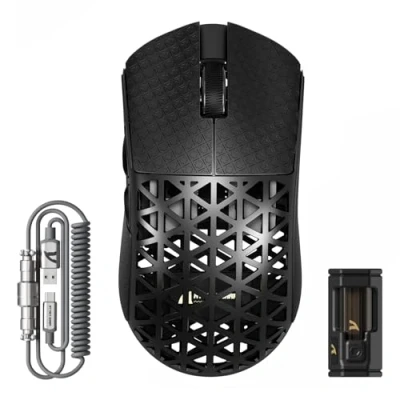 Imagen de ATTACK SHARK R5 Ultra Ratón Gaming Inalámbrico de Fibra Carbono 8000Hz, 39g Superlight, 42000DPI, PAW3950MAX, Nordic 52840, Bluetooth/2.4G/USB C Cableado, 8K Cable Espiral, para PC/Mac, Negro