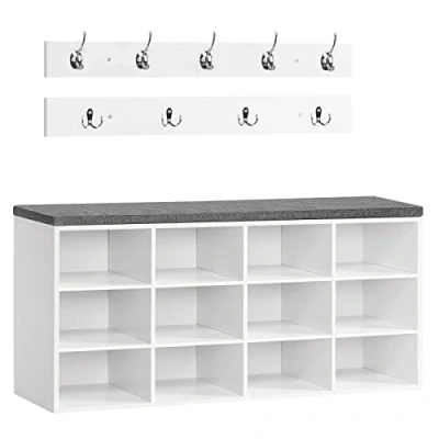 Imagen de HOOBRO Banco Zapatero con Asiento, Perchero para Vestíbulo, 9 Ganchos, de Almacenaje 12 Compartimentos, Organizador Entrada, Adecuado Pasillos, Entradas, Dormitorios Blanco EWT112HX01