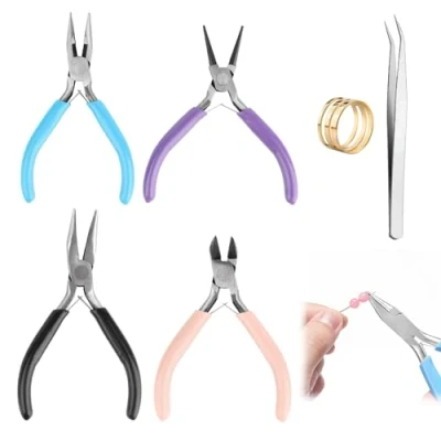 Imagen de VFANDV Alicates Joyeria 4 Piezas, 4.5 Pulgadas Alicate de Punta Redonda Corte Lateral Cortador Alambre para Hacer Joyas con Pinza y Abridor Anillos