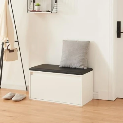 Imagen de [en.casa] Banco Zapatero Degerfors con Cajón Mueble para 3 Pares de Calzado Asiento Tapizado Entrada Recibidor Dormitorio Aglomerado Polipiel 80 x 39 45 cm Blanco/Negro