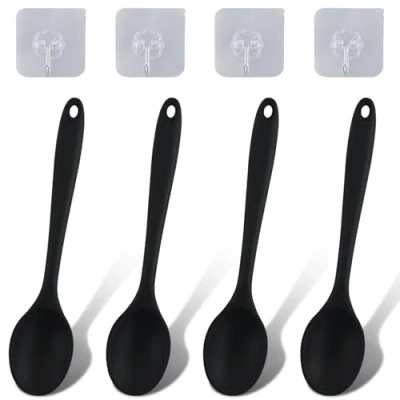 Imagen de Juego de 4 cucharas silicona con gancho pequeño, antiadherentes para servir, cocina mango largo, mezcladoras cocinar, remover, mezclar, hornear (negro)