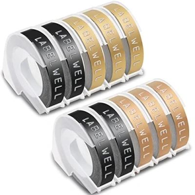 Imagen de 10x Labelwell 9mm x 3m Reemplazo de Etiqueta Compatible para Dymo 3D Cinta Estampación Autoadhesiva Organizer Xpress Junior S0717910 Omega S0717930 E 101, Negro/Oro/Oro Champagne
