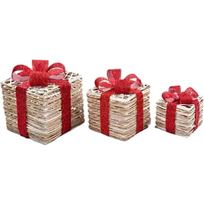 Imagen de SHATCHI Juego de 3 paquetes Navidad con luces LED brillo sisal/ratán, regalo Navidad, decoración para el hogar vacaciones, novedosa dorado, rojo, crema