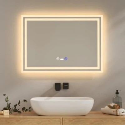 Imagen de EMKE Espejo de baño con iluminación 70 x 50 cm, LED Sensor Movimiento, antiniebla, 3 Colores luz Regulables, Apagado automático después 1 Hora, IP44,