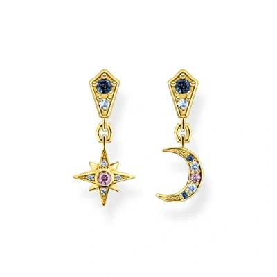 Imagen de THOMAS Sabo Royalty H2207 959 7 Pendientes de estrella y luna con piedras plata ley 925, chapado en oro amarillo 750, tamaño: aprox. 2 cm x 0,9 cm, 2cm, Plata, Circonia cúbica