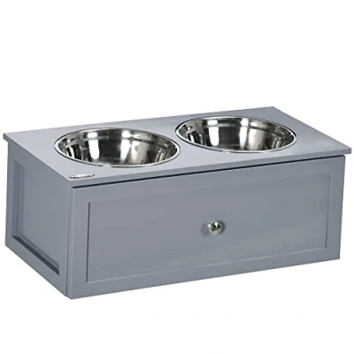 Imagen de PawHut Comedero Elevado para Perros Medianos con 2 Cuencos de 2000 ml Acero Inoxidable Alto 1 Cajón 63x30x24 cm Gris