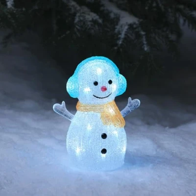 Imagen de Lights4fun Muñeco de Nieve Luminoso con Bufanda y Orejeras 16 LED Blanco Temporizador Figura di Navidad en Acrílico 22 cm Decoración Navideña Exterior