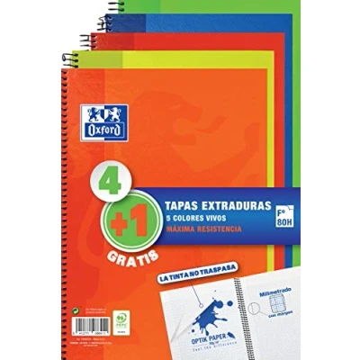 Imagen de Oxford Pack 4+1 Cuadernos Folio A4, Tapa Extradura Write&amp;Erase, 80 Hojas, Colores Aleatorios