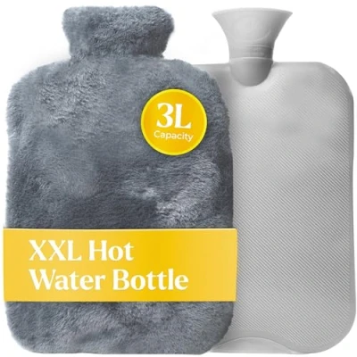 Imagen de Qomfor XXL Bolsa de Agua Caliente Piel (3L) con Funda Lavable Calor Ideal para Dolores, Menstruación y Frío Grande Invierno Relajación (Gris)