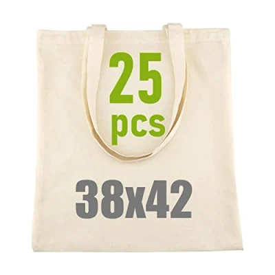 Imagen de Leviatan Bolsa de Yute 25 x Algodón 100% Bolsas Tote Bag Tela para Pintar 38x42cm 144g/m2 Lona con Asas Largas Transporte Grande