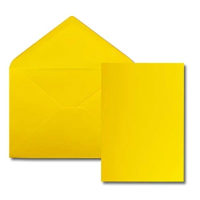 Imagen de Juego de 25 tarjetas con sobre, tamaño DIN A5, 14,8 x 21 cm, color amarillo, sobres C5, 15,4 22 adhesivo en húmedo