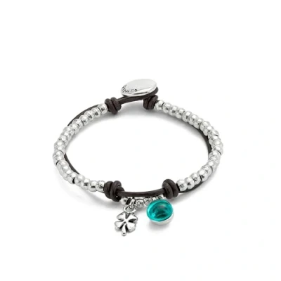 Imagen de UNOde50 Pulsera De Bolas Bañadas En Plata Ley Con Cuero Y Cristal Murano Verde