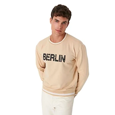Imagen de Trendyol Sudadera Relajada de Cuello Redondo con Eslogan, Beige, XS para Hombre