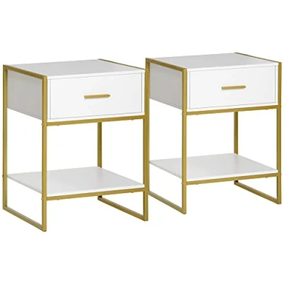 Imagen de HOMCOM Conjunto de 2 Mesitas Noche Mesas Auxiliares con 1 Cajón y Estante Almacenamiento para Dormitorio Salón Oficina Estilo Moderno 45x40x60 cm Blanco