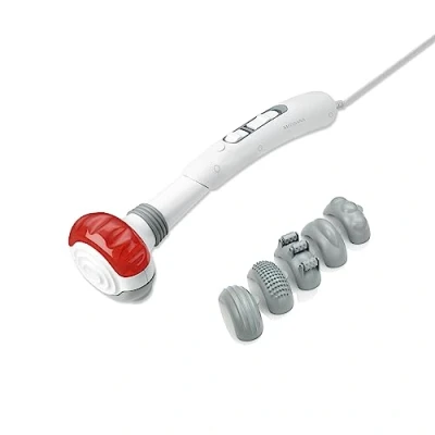 Imagen de Medisana HM 886 Masajeador de mano, eléctrico, Para espalda, Cuello, Hombros y piernas, con función luz roja calor, 2 intensidades, 5 accesorios