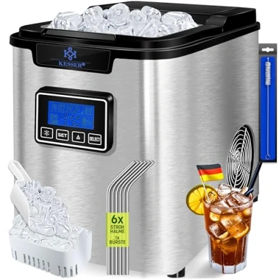 Imagen de KESSER® Máquina de hacer hielo cubitos acero inoxidable 150W Cubitera 12 kg 24 h 3 tamaños Preparación en 7 min Tanque agua 2,2L Temporizador Pantalla LCD Plata