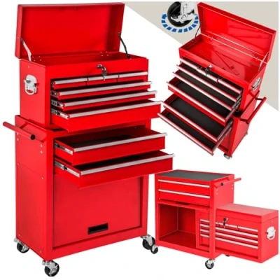 Imagen de TecTake® Carro Herramientas, Cajón Extraíble, Cerradura, 10 Compartimentos, Frenos, Alfombrillas Antideslizantes, Robusto, Taller Completo, Carrito Auxiliar, Organizador Herramientas Rojo