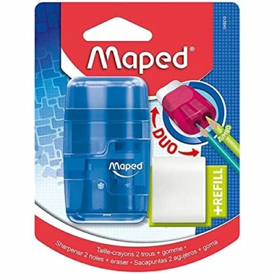 Imagen de Maped Material Escolar DUO Sacapuntas + Goma Connect 2 Orificios para Afilar con Compartimento Virutas Incluye de Recambio 3 Diseños Translúcidos
