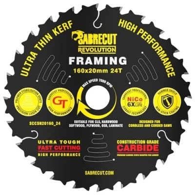 Imagen de 1 x SabreCut SCCSN20160_24 160mm 24T 20mm de diámetro Alto rendimiento Ultra delgado Madera contrachapada MDF Marco aglomerado Hoja sierra circular