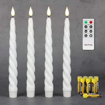 Imagen de Rhytsing Juego de 4 velas cónicas sin llama blancas 25 cm con temporizador, funciona pilas, mesa en espiral para cena, boda, luz blanca cálida, control remoto y pilas incluidas