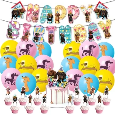 Imagen de Decoración de Perros para Fiestas,32Pcs Juego Fiestas Temáticas Perro Salchicha Fiesta Incluye Pancarta Cumpleaños Pastel Cupcakes Globo