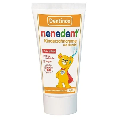 Imagen de Nenedent Pasta de dientes para niños, protección triple contra caries, endurece el esmalte los leche, 1000 ppm, 13% xilitol, vegano y sin colorantes, 1 x 50 ml