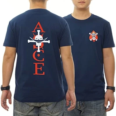 Imagen de One Piece Japonés Anime Ace Luffy Spade Whitebeard Pirates Camiseta Premium 100% Algodón Hombre/Mujer T Shirt (Azul Marino,S)