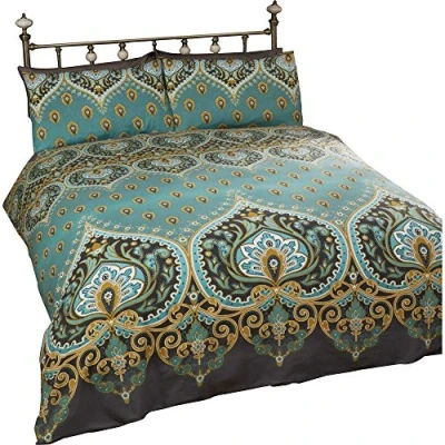 Imagen de Rapport ASHA Esmeralda Indio diseño, Funda de edredón y 2 Almohada Juego Ropa Cama, Verde/Azul