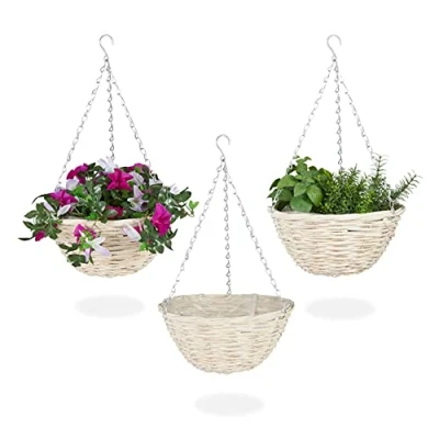 Imagen de Relaxdays Macetas Colgantes, Set 3, Tejido de Mimbre, Hechas a Mano, Forro, Cadena Hierro, Maceteros, 12x25 cm, Natural, Fibra Vegetal