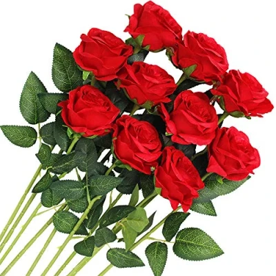Imagen de Veryhome 10 Piezas Artificial Seda Rosa Flores Falsas Ramos de para La Decoración Boda Home Birthday Party Arrangment Jardín (Rojo, Rosas florecientes)