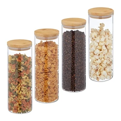 Imagen de Relaxdays 1600 ml Botes Cristal, Set 4, Recipientes Cocina Grandes, Tapa Bambú, Tarros Herméticos, Transparente/Natural