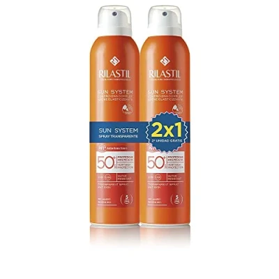 Imagen de Rilastil Sun System Spray Fotoprotector Wet Skin Transparente, con Spf 50+, Pulverización Continua y Multi Posición 360, 2 x 200 Mililitros