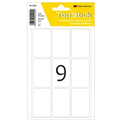 Imagen de TopStick 2209 Etiquetas multiusos (34 x 53 mm, 15 hojas, papel, mate) autoadhesivas, pegatinas universales permanentes para rotulación a mano, 135 adhesivos blancas