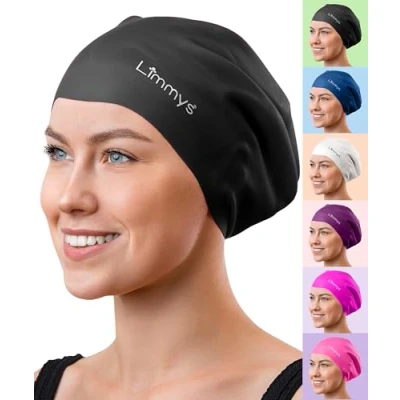 Imagen de Limmys Gorro de Natación Adulto con Pelo Largo Piscina 100% Silicona Hombre y Mujer Cómodo, Elástico Gorros (Medio, Negro)