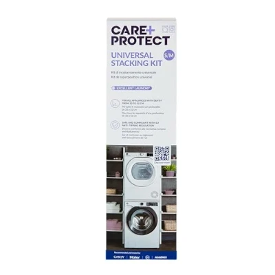 Imagen de CARE+PROTECT Kit apilable universal, para lavadoras y secadoras, profundidad de 33 a 52 cm, ahorra espacio, antivuelco, fácil instalar, blanco