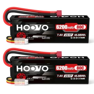 Imagen de HOOVO 2S Batería de polímero litio (7,4 V, 80 C, 6200 mAh, con conector Deans, para coche, avión, helicóptero, barco, buggy, cuadricóptero, 2 paquetes)
