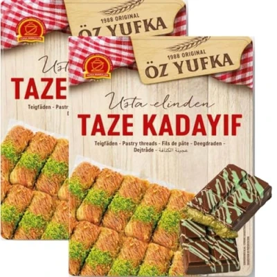 Imagen de Pufai Grocery 2 paquetes de hilos repostería Kadayif Kadaifi, estilo turco Kadayif, postre Kataifi Dubai, chocolate, 500 gramos
