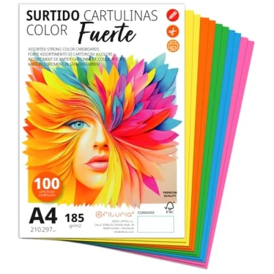 Imagen de Cartulina A4, Cartulinas de Colores, 185g/m2 para Manualidades, Educación, Hogar, Arte o Empresas, Colores A4 Surtidos Ofituria (100 Cartulinas, Surtido Fuerte)