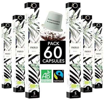 Imagen de capsulas Nespresso Compatibles cafe ECOLÓGICAS Arabica FAIRTRADE Biodegradables PAOLO Single Origin Brasil, 60 de Torrefacción Artesanal
