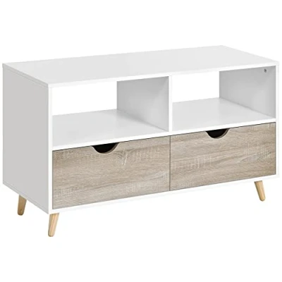 Imagen de Homcom Mueble de TV bajo con patas estilo escandinavo 2 cajones, color roble claro blanco