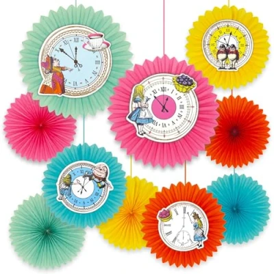 Imagen de Talking Tables 10x Reloj de pared con diseño Alicia en el país las maravillas, brillante y curioso, para colgar papel, cumpleaños niños, fiestas té del Sombrerero Loco