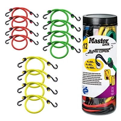 Imagen de Master Lock 3107EURDAT Cuerdas elásticas, Paquete de 12 Tensores, 4x60 cm + 4x80 4x100 cm, Gancho Invertido Optimo para Sujetar Cargas Pequeñas, Camping, Mudanzas, 460 480 4100