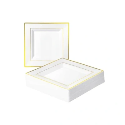 Imagen de MATANA 20 Platos de Postre Cuadrados Plástico Blanco Premium con Borde Dorado, 16,5cm Elegantes, Resistentes y Reutilizables Bodas, Cumpleaños, Navidad, Barbacoas, Fiestas