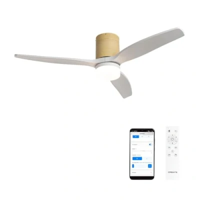 Imagen de CREATE / WINDCALM M/Ventilador de techo con luz madera clara aspas blanco Wifi y mando 40W, Silencioso, Ø132 cm, 6 velocidades, 3 temperaturas luz, temporizador, función verano invierno