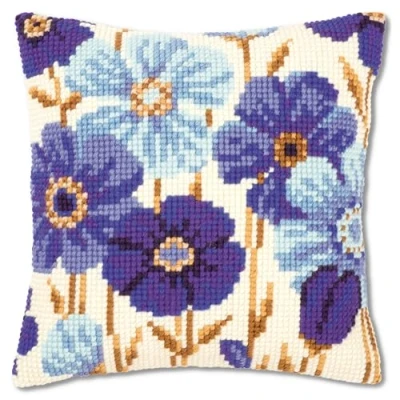 Imagen de Vervaco Kreuzstichkissen Anemonen in Blau Taburete, Algodón, Colores Variados, ca. 40 x cm / 16&quot;