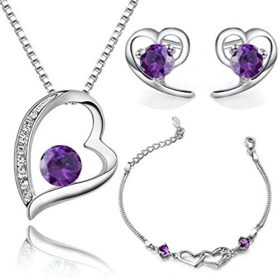 Imagen de Crystalline Azuria Mujer 18ct Chapado en Oro Blanco Corazón Juego de joyas Violeta Cristales Zirconia Collar con Colgante 45 cm Pendientes Pulsera