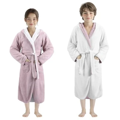 Imagen de HOMELEVEL Bata de invierno para niños Albornoz polar reversible niño y niña Batín extrasuave caliente casa Lavable a máquina